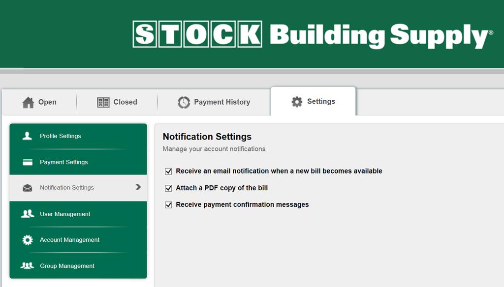 Notification Settings Click settings Click Notification settings Choose your delivery options for invoices and payment confirmation.