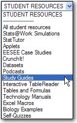 To view StatsPortal Resources, select a type of resource from the Student Resources drop-down list and a chapter from the Chapters drop-down, then click go.