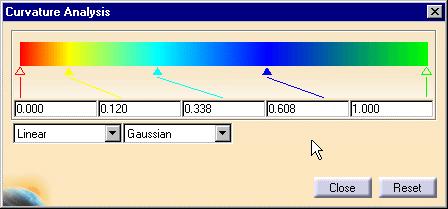 set to 0). 1. Select a surface. 2. Click the Mapping Analysis icon in the Shape Analysis toolbar. The Curvature Analysis dialog box is displayed, and the analysis is visible on the selected element.