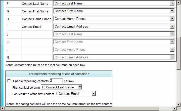Enable repeating contacts: Map the first set of contact fields, then set the number of contacts contained in each row. Select the number of contacts included in each row of student data.