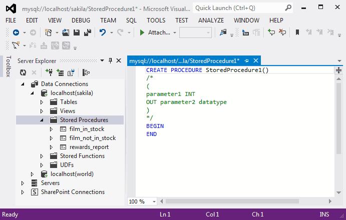 Editing Stored Procedures and Functions Figure 5.14 Edit Stored Procedure SQL To create a new stored function, right-click the Functions node under the connection node in Server Explorer.