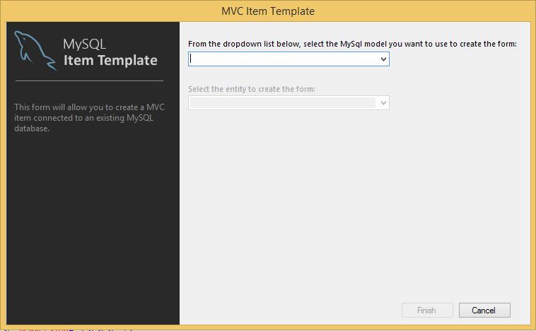 MySQL ASP.NET MVC Items Figure 7.7 The MySQL menu options This opens the MVC Item Template dialog. Now select the MySQL model and entity that you want to use to create the MVC item.