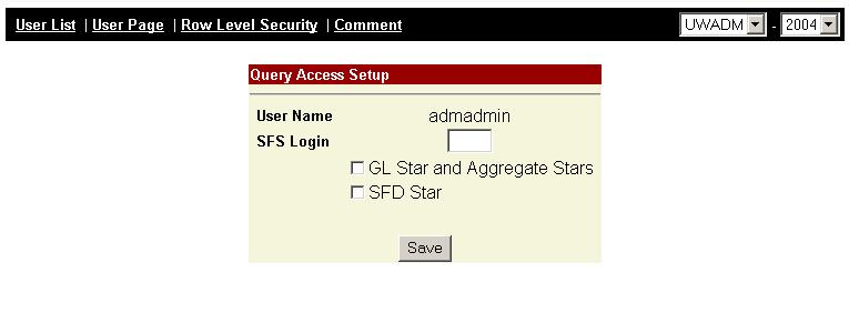 From this page, choose the Query Access link on the top of the screen and the following screen will appear. Enter the user s SFS login name, and click on the star(s) the user needs to query.