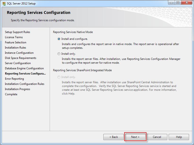 If installing Reporting Services, the Reporting Services Configuration screen is next.