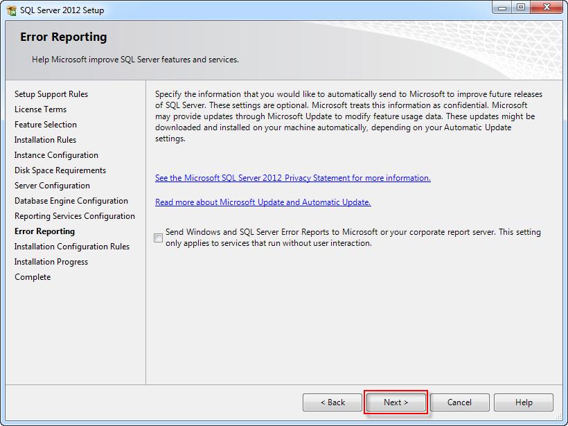 On the Error Reporting screen you have the option to participate in Microsoft Error Reporting.
