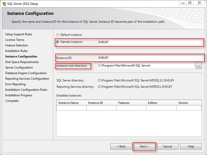 On the Instance Configuration screen select Named Instance and enter SHELBY for the instance name.