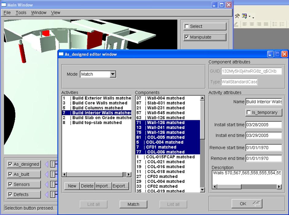 Figure 3: The design model editor window, showing how components are associated with construction activities.