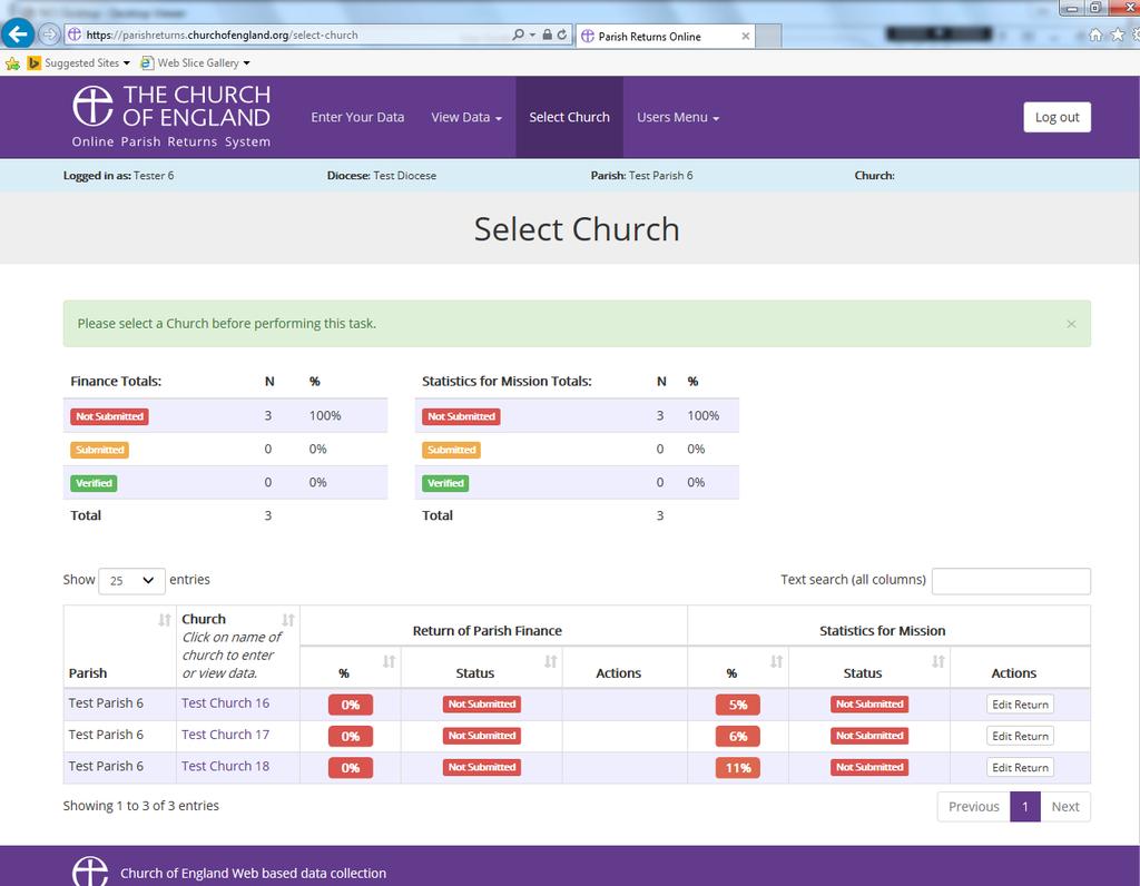 Click Select Church if you have entered data for a church and wish to enter or view data for another church Click on the name of the Church you wish to enter data for, in order to gain access to the