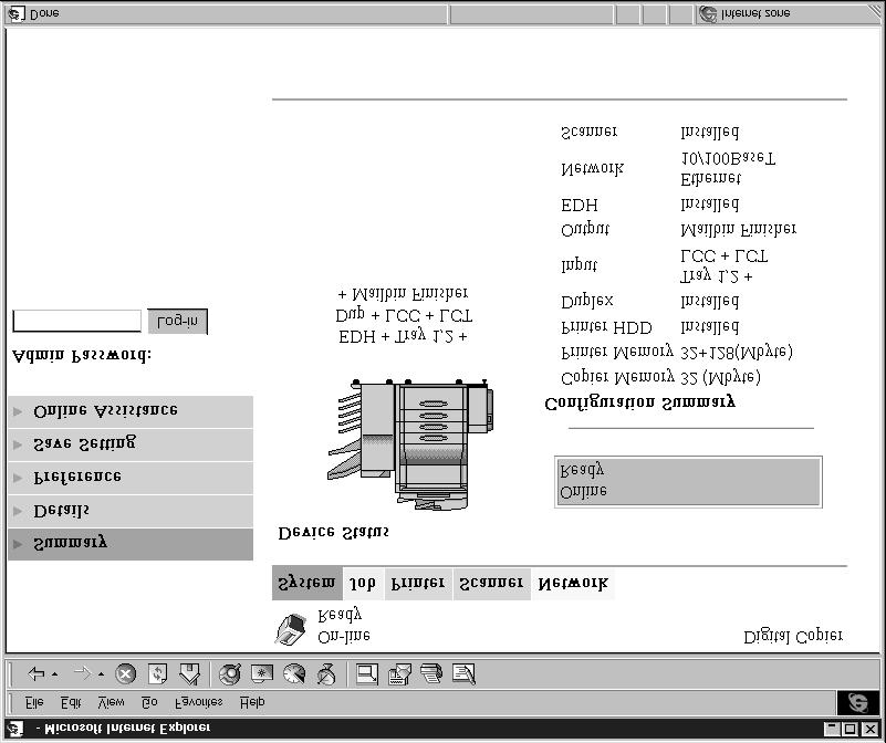 4 System Tab 4 System Tab The System tab shows information about and settings for the Digital Copier system configuration. 4.1 Summary This screen is the initial screen when you access http://<ip address of printer controller> with your Web browser.