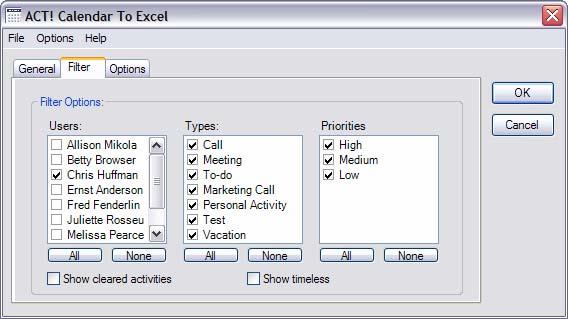 ACT! Calendar to Excel 4 Under the Filter tab, you select the filtering options.