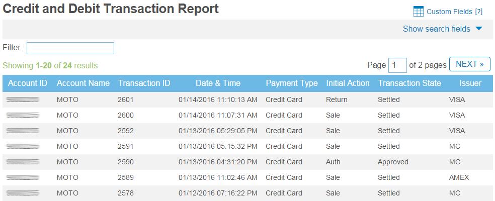 Credit and Debit (Continued) Detail Report Example Detail displays all transactions processed on the selected Accounts.