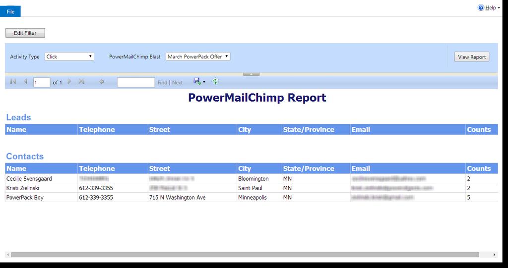 The PowerMailChimp Activity Summary will allow you to select an activity type (send, open, click, etc.