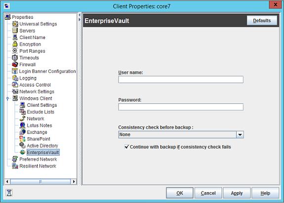 Configuration About VSS-based snapshot configuration 31 5 In the left pane, expand Windows Client and click Enterprise Vault. The Client Properties dialog box is displayed.