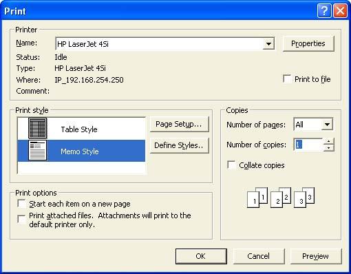 PAGE 63 - ECDL MODULE 7 (OFFICE XP) - WORKBOOK The Print dialog box allows you to set options to control how messages are printed. Click on the Cancel button to close the Print dialog box. IC1.