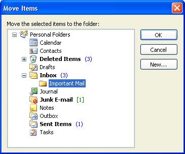 PAGE 60 - ECDL MODULE 7 (OFFICE 2003) - WORKBOOK Select the folder you want to move the message to by clicking on the entry in the MOVE ITEMS dialog box. In this case select the IMPORTANT MAIL folder.