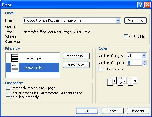 PAGE 63 - ECDL MODULE 7 (OFFICE 2003) - WORKBOOK The PRINT dialog box allows you to set options to control how messages are printed. Click on the CANCEL button to close the PRINT dialog box. IC1.7.4.