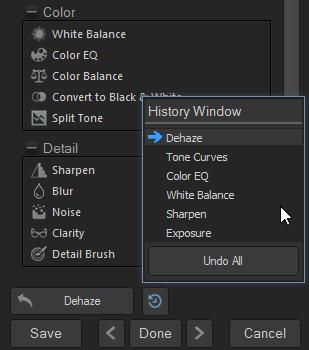 To return to a specific adjustment, select the Edit mode History Window arrow at the bottom of the Edit mode panel, and select your desired adjustment and double-click it.