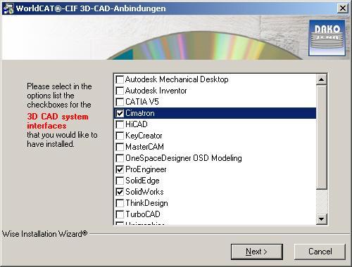 The settings for the DAKO help window of the respective CAD system appears.