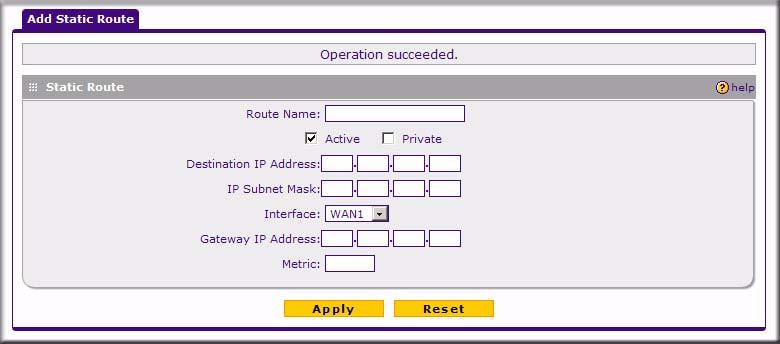 2. Click Add. The Add Static Route tab is displayed. Figure 3-6 3. Enter a route name for this static route in the Route Name field (for identification and management). 4.