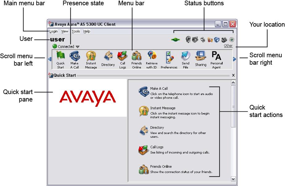 Getting started Figure 2: Classic AS 5300 UC Client interface Tip: Whether you have access to Avaya Aura AS 5300 UC Client or Avaya Aura AS 5300 Web Client or both clients, you will see Avaya Aura AS