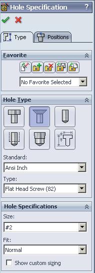 F. Screw Hole. Step 1. Click Top on the Standard Views (Ctrl-5) Step 2. Click Hole Wizard on the Features Step 3.