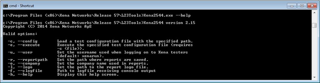 Xena RFC2544 CLI OPTION 3 Use help to learn about other parameters options: -c, --config -e, --execute -u, --user -r, --reportpath -o, --company -l, --logo -h, --help Load a test configuration file