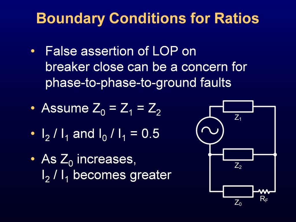 An I ratio of 0.5 is the lowest we would typically expect for a phase-to-phase-to-ground fault for I 2 / I 1 and I 0 / I 1. An I 2 / I 1 of 0.
