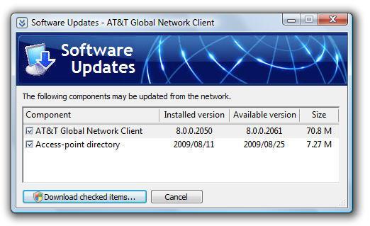 Software updates The AT&T Global Network Client periodically checks for and downloads updates to the Hotspot Directory and the executable program using anonymous FTP (TCP ports 20/21).