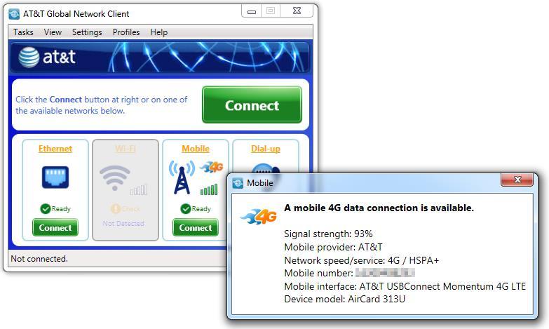 Figure 35 Connecting Directly Using Cellular Connecting to Third-Party Wired and Wireless Locations that Require a Browser Login The AT&T Global Network Client has support for connecting to