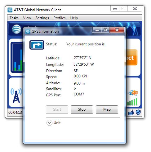 To enable the GPS reporting or to see the current information, you can either click the GPS icon displayed in the status area at the bottom of the main window of the AT&T Global Network