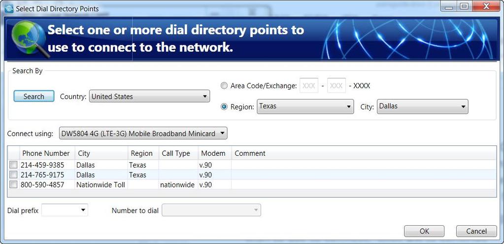 Dial Connections For dial connections, if you click the big, green Connect button and the automatic connection sequence reaches the point at which your dial-up modem will be used, or if you click the