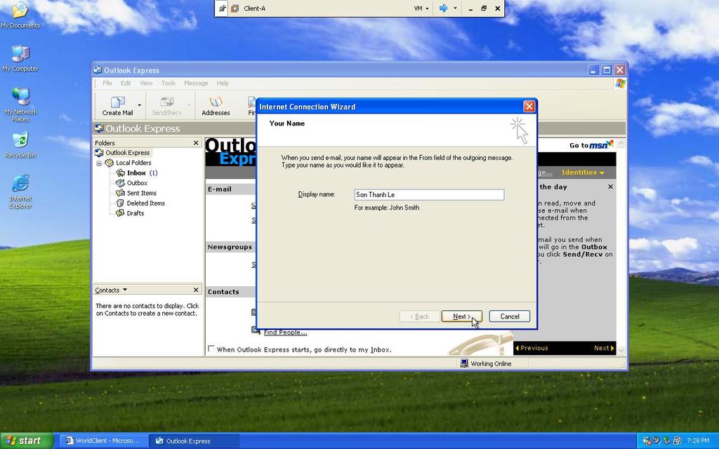 Express,Khi mới lần đầu sử dụng Outlook Express, chương trình sẽ hiển thị giao diện cho chúng ta thiết lập tài khoản mail, màn hình Your Name