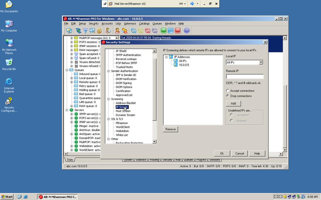Chọn Screening->IP Screen: Nhập địa chỉ máy tính không cho phép kết nối