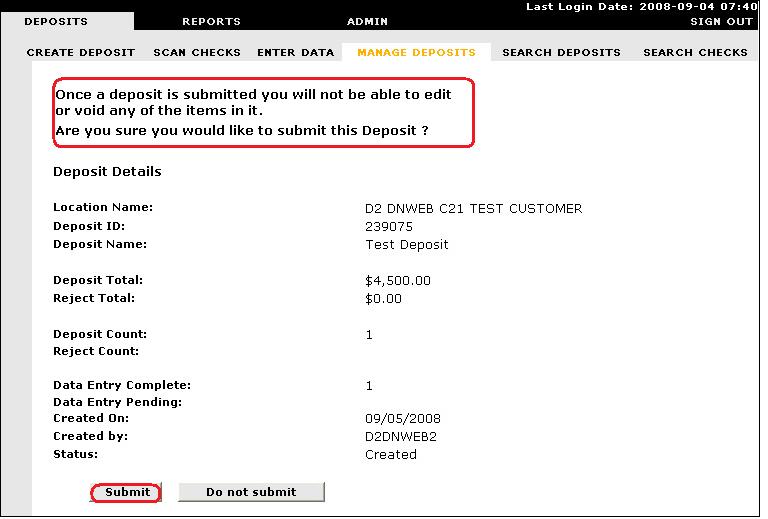 5. You will receive a last warning message before submitting the deposit, Click
