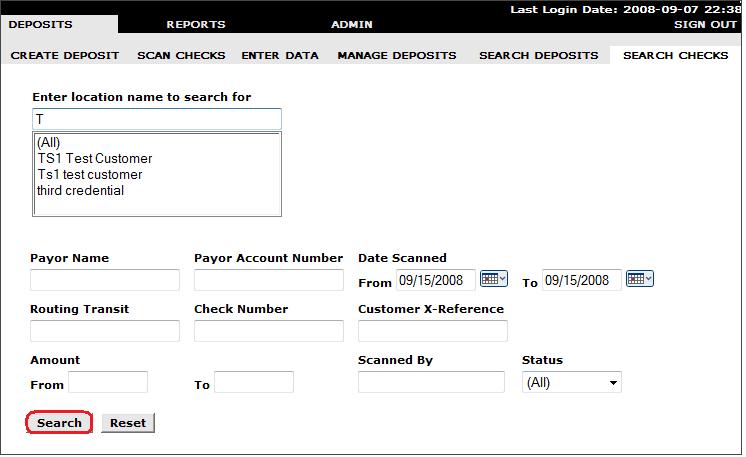 Routing Transit: You can specify the Routing Transit Number of the check. Note that the application will automatically attempt to validate the routing number even before you select Search.