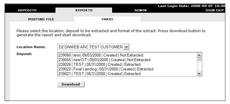 Yardi File 1. If your location is configured to use the Yardi Report format, you may choose it as a sub-option from the REPORTS sections.