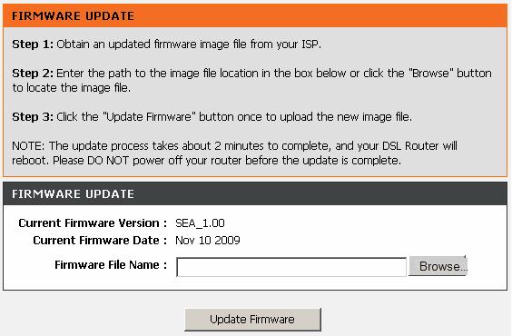 Firmware Update Choose MAINTENANCE > Firmware Update. The page as shown in the figure appears. In this page, you can upgrade the firmware of the device.