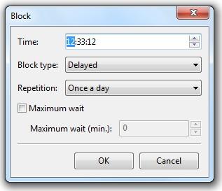 This dialog allows you to set the block options, which are the same as for a conventional event: play time, block type, repetition and maximum wait.
