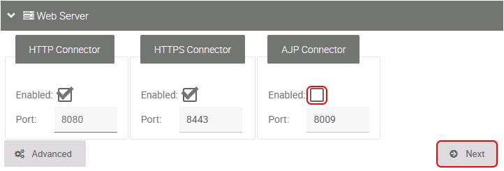Getting Started Press the Next button. On the next page configure which protocol connectors and ports the Axon.ivy Engine internal web server should provide. You do not need the AJP protocol.