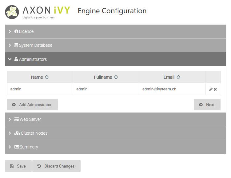 Configuration Figure 4.3. Axon.ivy Engine Configuration Administrator Tab Defining an email address for the administrators is recommended.