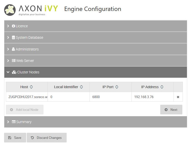 Configuration Figure 4.5. Axon.ivy Engine Configuration Cluster Tab Use the Add local node button to add this installation as a new Engine cluster node to the list of cluster nodes in your Axon.