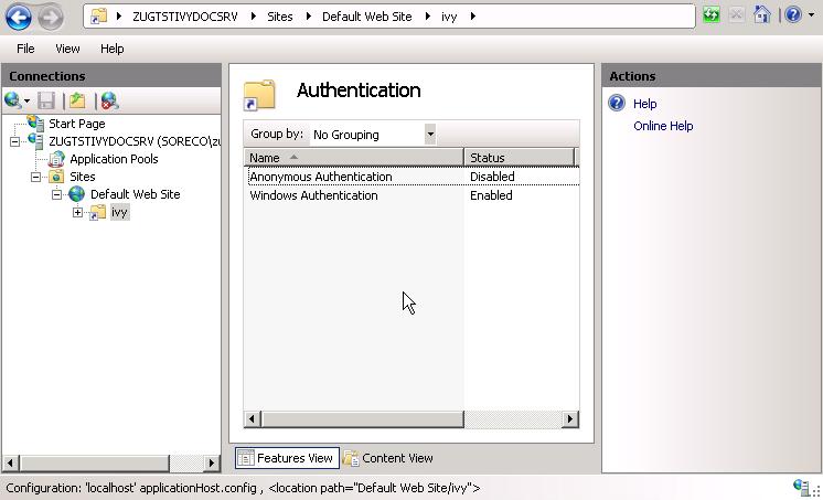 Integration 3. Activate Windows Authentication Note The following command automatically activates the Windows Authentication: appcmd.exe set config "Default Web Site/ivy" -section:system.
