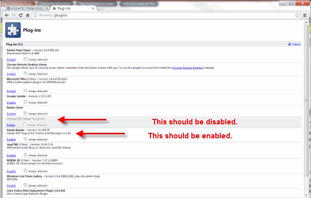 Enable the Adobe Reader plugin, click Enable, right click below the Adobe Acrobat item in the list and then close the plugins window.