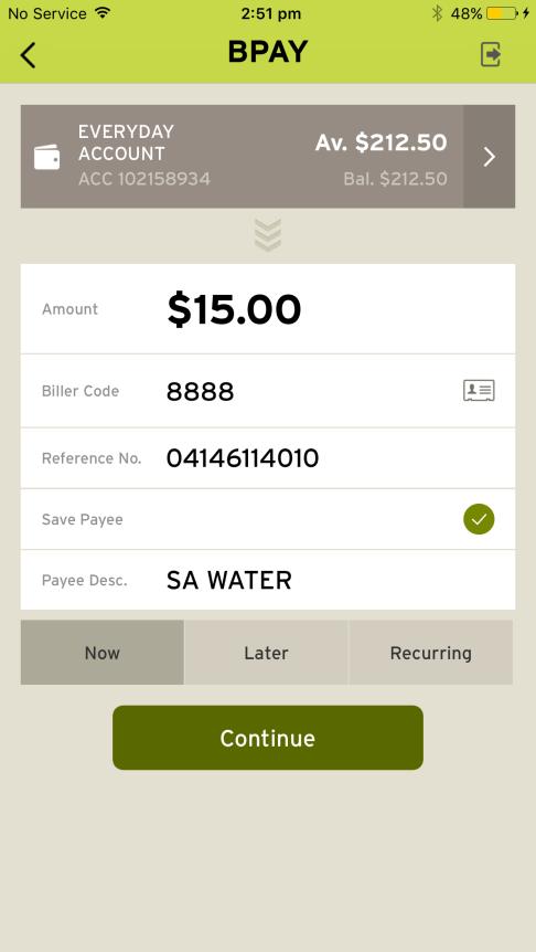 Page 28 15. Pay a bill using BPAY To pay a bill using BPAY, select the hamburger menu icon in the top left corner and then select the BPAY option from the menu.