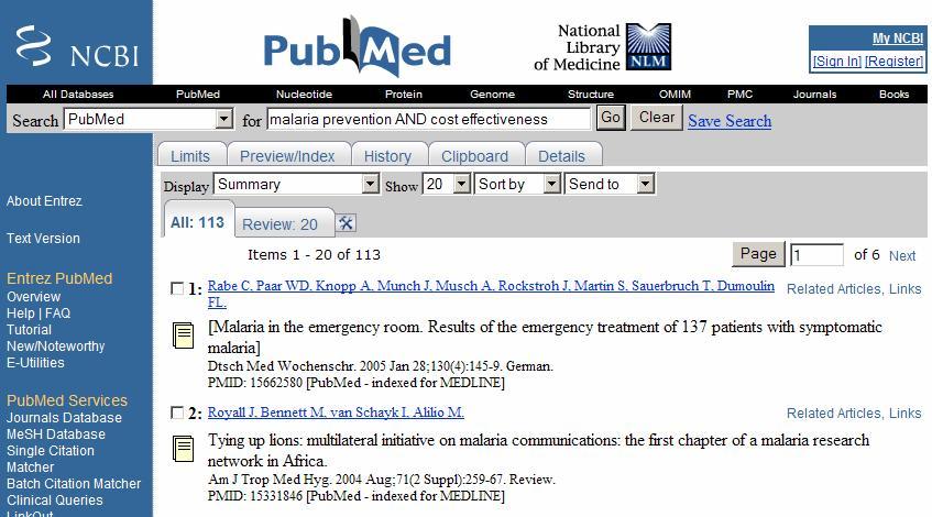 If specific Boolean operators ("AND," "OR," "NOT") are not used, PubMed will automatically use "AND." When using the basic query box, start with specific search queries, e.g., "malaria prevention AND cost effectiveness" instead of general queries, e.