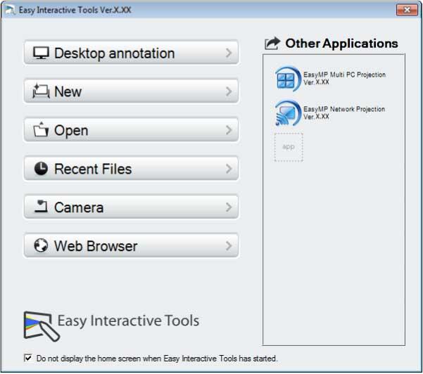 2. Start Easy Interactive Tools on the computer. Windows Vista/Windows 7: Click > Easy Interactive Tools Ver.X.XX. or Start > All Programs or Programs > EPSON Projector Windows 8/Windows 8.