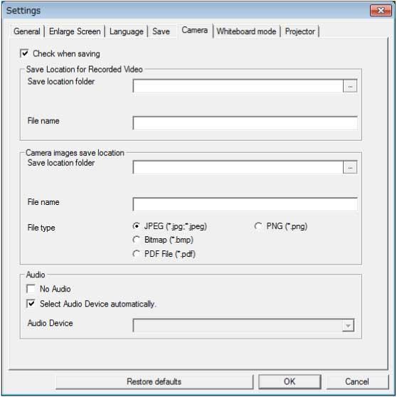 Setting File name File type Options/Description Lets you enter a file name up to 32 characters long for the saved files. Each file is numbered automatically, such as AAA0001.jpg.