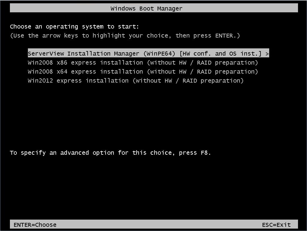 3.4 Windows Boot Manager - Selecting standard / express installation Windows 2008 x86 / Windows 2008 (R2) x64 / Windows 2012 express installation can only be accomplished as a "mere" operating system