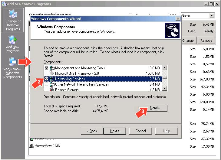 4.2 Preparing the deployment server Figure 12: Wizard for Windows components 1. Start the wizard for Windows components from the Windows control panel: Add/Remove Windows Components (1) 2.