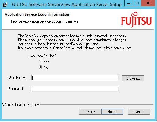 Select the directory in which the Application Server is to be installed. 6. Click Next. The Application Service Logon Information dialog box opens.